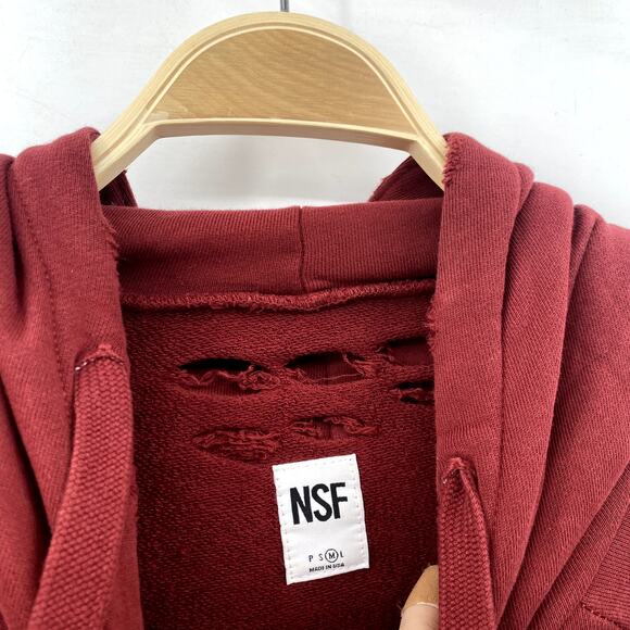 NSF Size M Maroon Ripped Hoodie Sweater - Picture 3 of 4